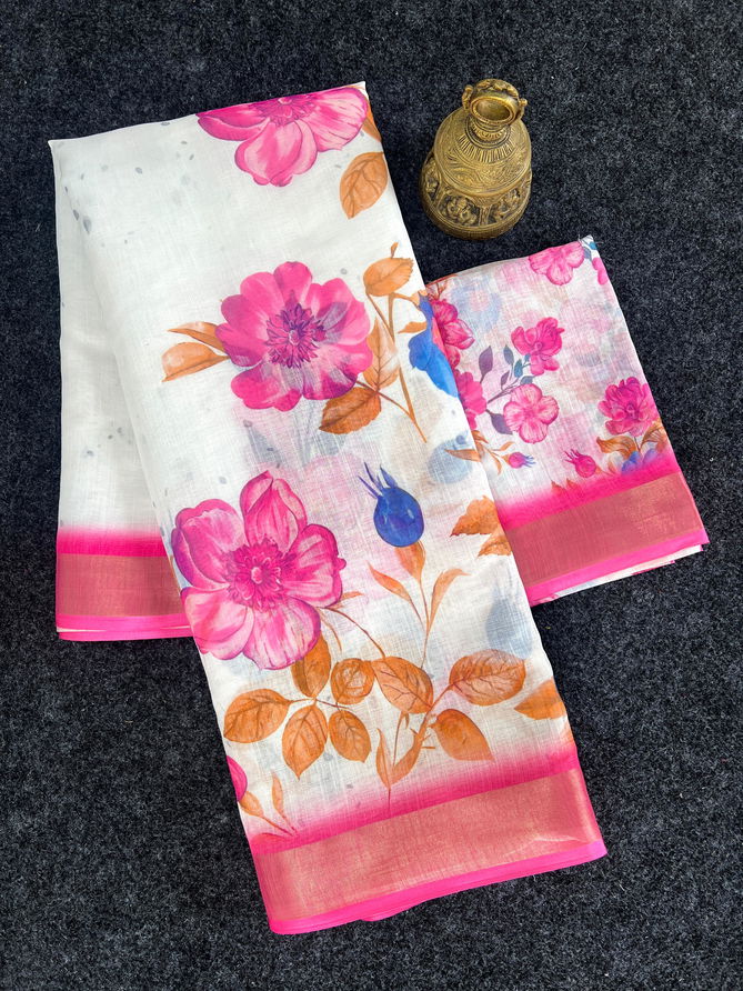 MG 436 Plain Linen Flower Printed Daily Wear Sarees Wholesalers In Surat